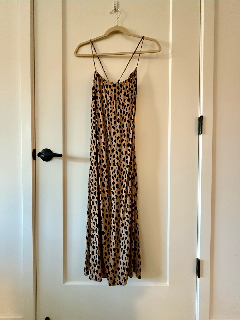 Reformation Tan Slip Midi Dress with Black Spot Print